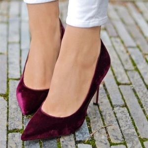 FSJ Deep Red Velvet Stilettos